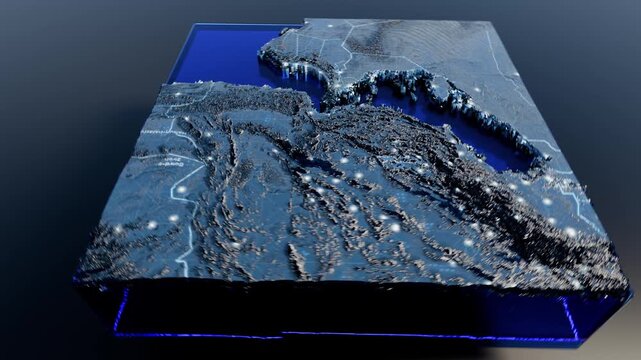 Realistic 4K seamless loop of a 3D satellite topology model of the Strait of Hormuz. Detailed terrain, coastline, and ocean depth map animation for global news, geopolitical, or educational background