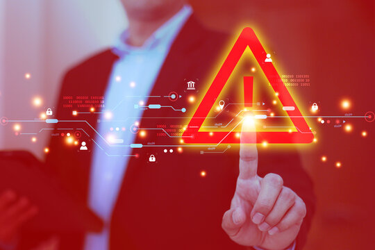 Human hand touchscreen warning caution 404 page not found error system or problem computer network firewall protection for cyber threat attack security risk alert hacker or cybercrime safety prevent.