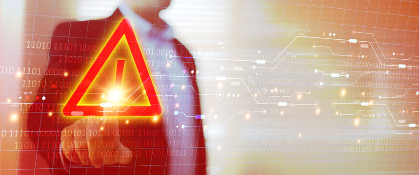 Human hand touchscreen warning caution 404 page not found error system or problem computer network firewall protection for cyber threat attack security risk alert hacker or cybercrime safety prevent.