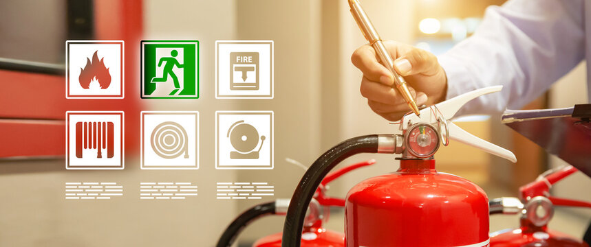 Fire extinguisher with prevent icons for protection or prepare fire equipment for prevention in emergency case and safety or rescue and alarm system training concept.