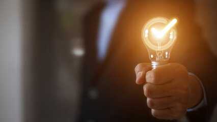 Businessman's hand is choosing light bulb for business creativity plan to goal or creative idea innovation or analyzing marketing data management and target growth or human resources. © Eakrin