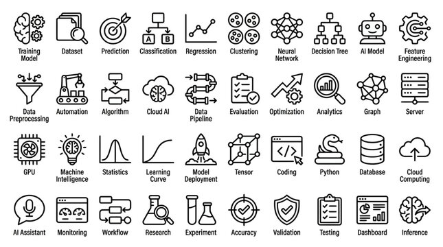 A comprehensive set of line art icons illustrating various concepts and processes in artificial intelligence, machine learning, and data science.