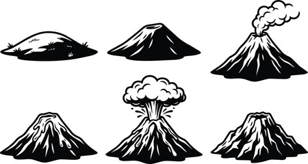 Volatile eruption icons in bold line art vector style featuring multiple volcano silhouettes © Royal Ability