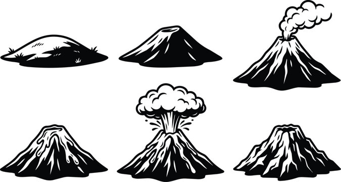 Volatile eruption icons in bold line art vector style featuring multiple volcano silhouettes
