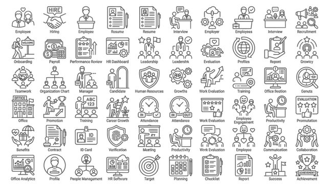 A comprehensive set of line icons representing various aspects of human resources, business management, employment, and office operations.