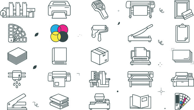 Commercial printing house and typography service line icon set with offset press machinery, cmyk color wheel, plotter, paper cutter, and book binding symbols.