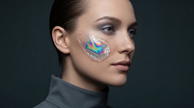 Futuristic beauty portrait of woman with holographic skin patch, iridescent facial prosthetic for sci-fi concept, high-tech skincare and makeup
