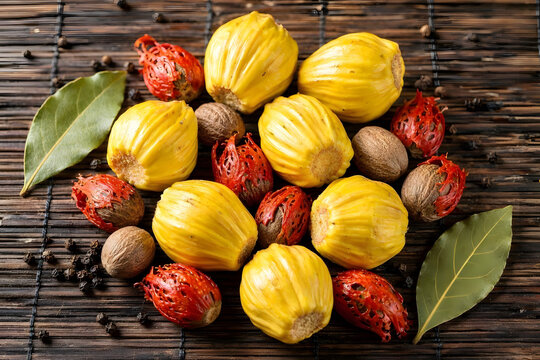 giaca (jackfruit) e noce di moscata su stuoia di bamb&ugrave; scuro