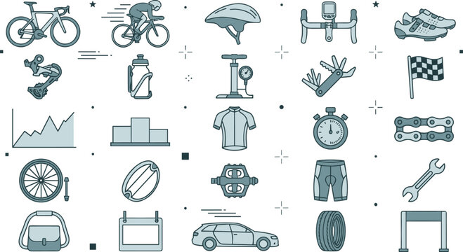 Professional road cycling race and bicycle repair line icon set with racer athlete, helmet, multi tool, chain, pump, and championship podium symbols.