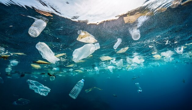 underwater plastic pollution bottles bags and debris swirling in ocean currents