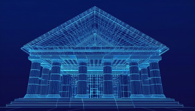 blue digital wireframe classical building structure
