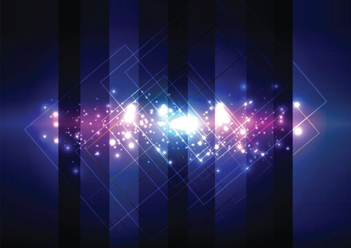 Abstract Futuristic Neon Light Sparks and Glowing Geometric Squares on Dark Blue Background. vector illustration design.