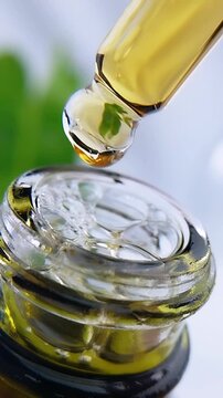 Honey yellow liquid in a bottle being sampled using a serum pipette. Natural extract concept for beauty or skincare product. Glossy texture.