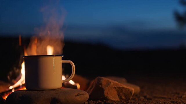A steaming white mug sits on a rock before a crackling campfire at twilight, the warm orange flames flickering against the deep blue evening sky in a cozy outdoor camping scene.