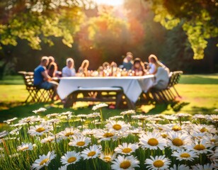sunlit outdoor picnic table with daisies in the foreground and a blurred garden party gathering in a green park background © Brandon