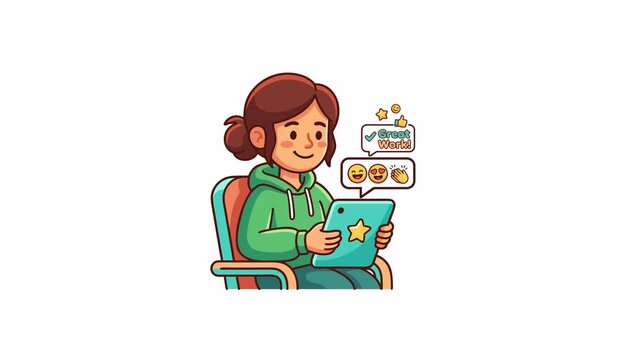 Young woman sitting in a comfortable chair while holding a digital tablet to interact with social media notifications and message icons