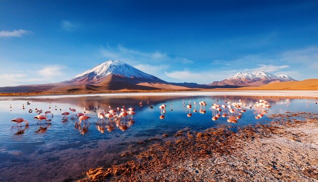 snowy licancabur volcano in andes montains reflecting in the wate of laguna chaxa with andean flamingos atacama salar landscape chile