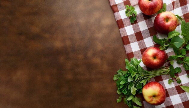 brown and white gingham checkered tablecloth background with red apples and fresh green herbs in the top right corner
