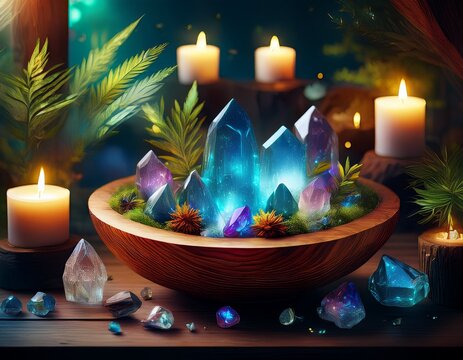 wooden bowl altar with crystals candles and plants