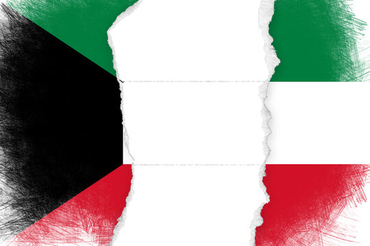 Digital Illustration of the Kuwaiti Flag with a Rough Vertical Tear, Creating a White Copy Space for Design Elements