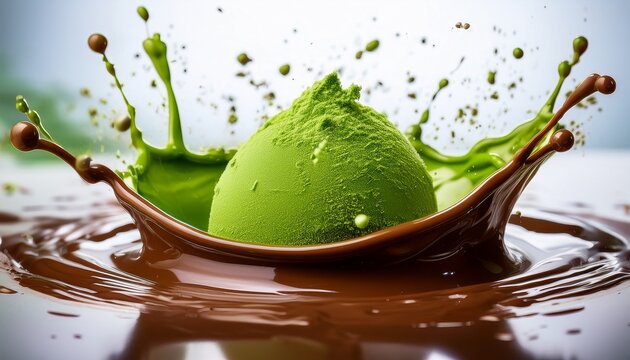 chocolate splash featuring a vibrant green matcha confection for dessert and candy concepts