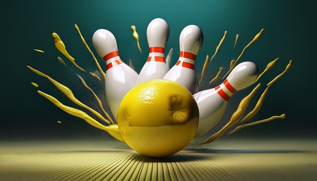 3d render of bowling pins struck by a lemon dynamic composition bright studio lighting minimalist style vibrant playful mood