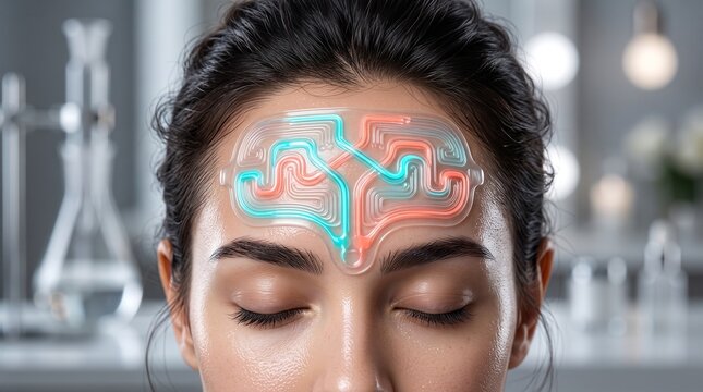 Futuristic neurotechnology brain patch on woman forehead, advanced neural interface sensor for mental health, biofeedback wearable device in lab