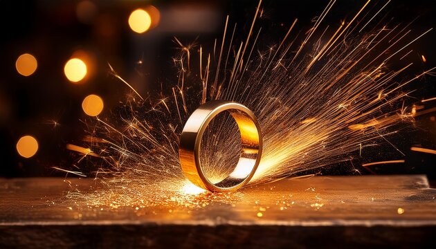 vibrant sparks fly from a golden ring being shaped on a wooden workbench under a bright studio light showcasing meticulous metalwork details studio shiny bright