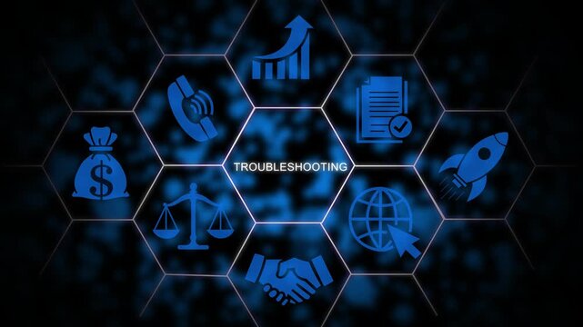 Troubleshooting business solutions digital interface with animated and hexagonal network grid technology