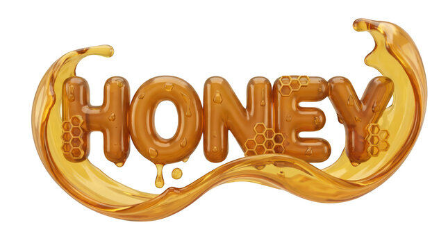 3d render of the word honey made of liquid honey with honeycomb patterns isolated on transparent background