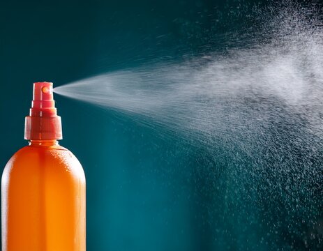 a spray bottle mid action with a visible mist cloud drifting into the frame the vibrant orange bottle contrasts with the deep teal background with droplets of mist caught in the light