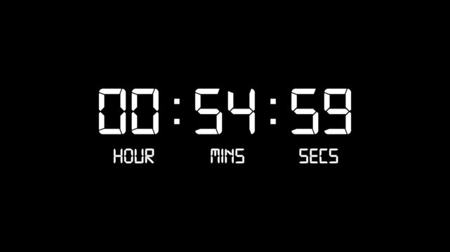 1 hour countdown timer animation. Digital timer countdown animation with alpha channel