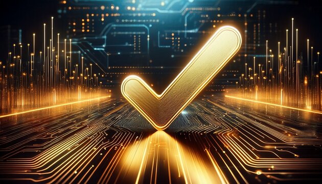 checkmark glowing golden against a futuristic digital circuit background illustrating validation and security