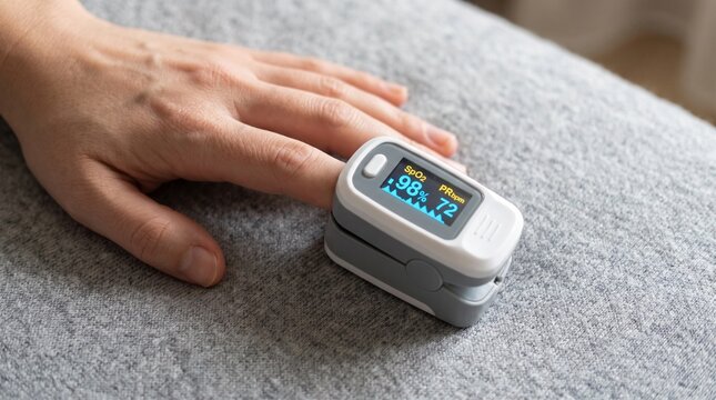 Person monitoring oxygen saturation levels using portable digital finger pulse oximeter device with grey fabric background