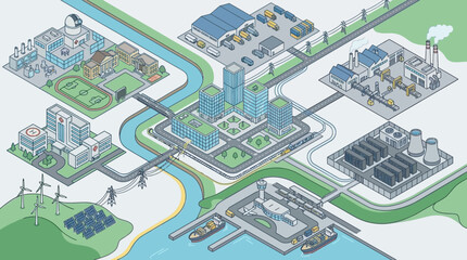 Fototapeta premium Isometric illustration of a smart eco city map with industrial zone, port, residential area, school and renewable energy infrastructure