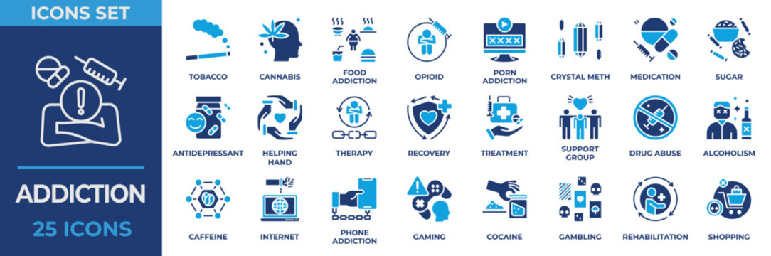 Addiction Icons Collection Set. Containing icon tobacco, cannabis, opioid, medication, therapy, recovery, treatment, alcoholism. Flat Blue Vector Illustration.