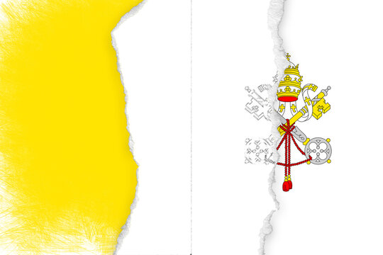 Vatican City Flag with a Realistic Torn Paper Effect, Featuring the Yellow and White Vertical Bands and the Papal Coat of Arms on the White Side, Symbolizing a Connection or Unveiling