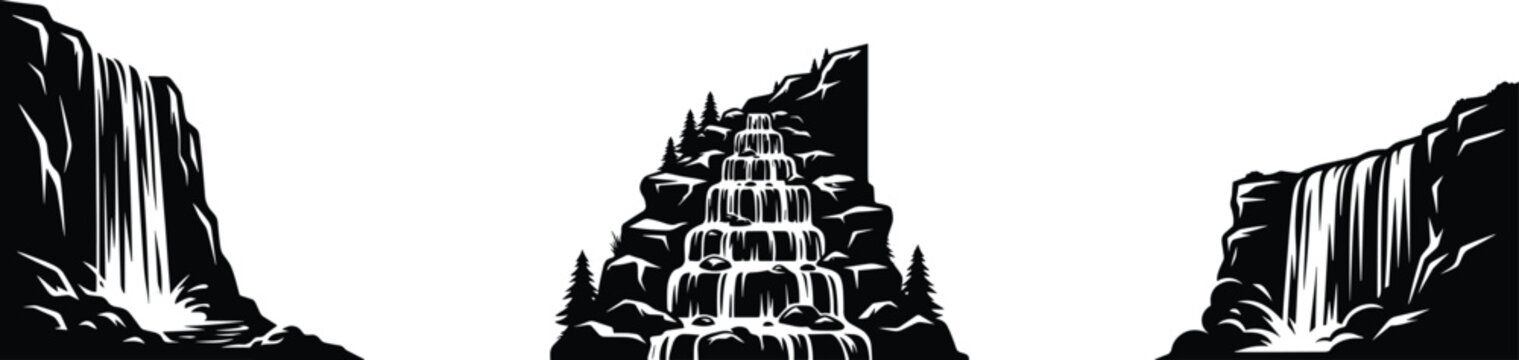 Nature waterfall and mountain river cascade silhouette icon set with rocky cliffs, streaming water, and pine trees for outdoor adventure emblem logos.