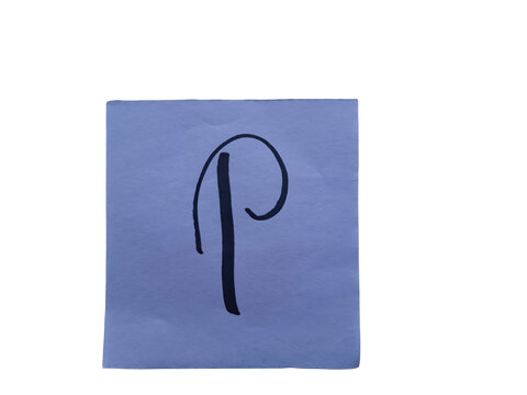 Stylized black cursive letter p handwritten in ink on a light blue paper square, isolated against a stark black