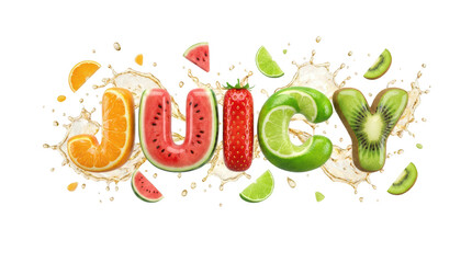 Naklejka premium Juicy word made of fresh fruits isolated on transparent background