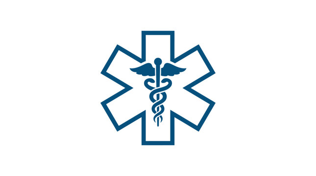 A blue medical symbol featuring a staff with wings and snakes on a white background