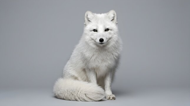 A majestic arctic fox with pristine white fur sits attentively on a neutral gray backdrop, exuding a serene and wild beauty
