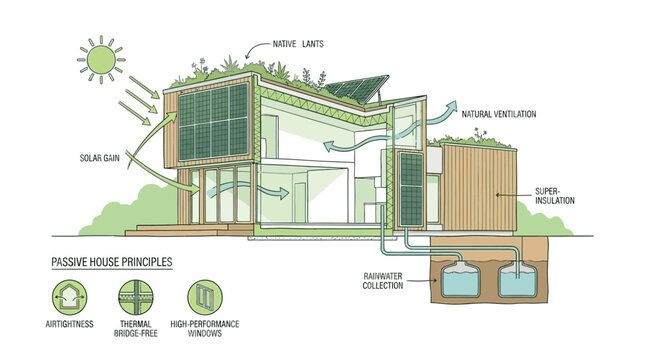 Cross section diagram of a sustainable modern home illustrating energy efficient systems and green architecture for eco friendly living