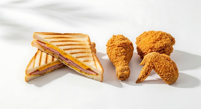Toasted ham and cheese sandwich and crispy fried chicken isolated on white background