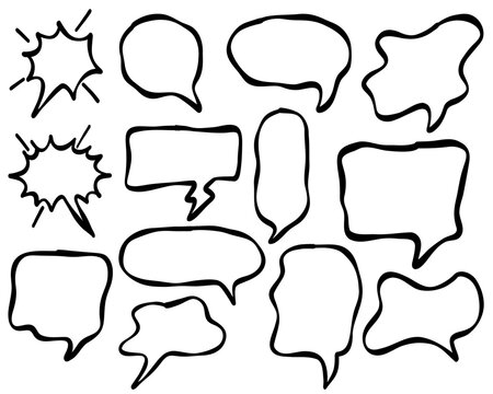 Collection of hand drawn outline speech bubbles and dialogue frames featuring various blank chat balloons
