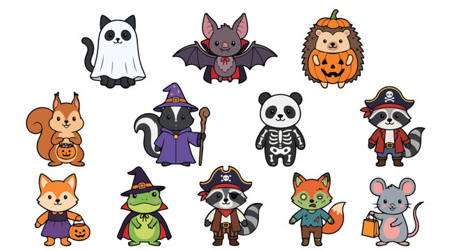 Cute Halloween Animal Characters in Costumes Set Vector Editable Stroke