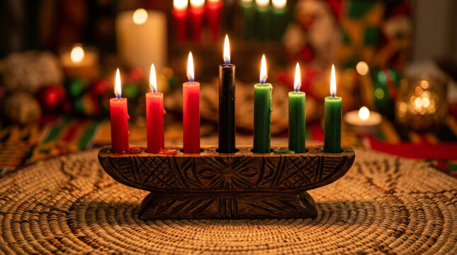 Kwanzaa Kinara with Seven Lit Candles in Wooden Holder