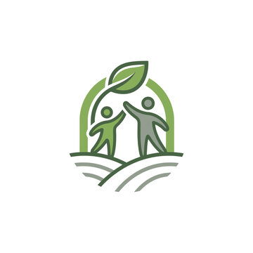 Human figures nurturing growth in agricultural farm landscape.