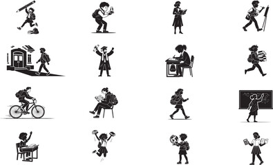 Naklejka premium School children silhouettes set. Kids activities and education icons in black and white.