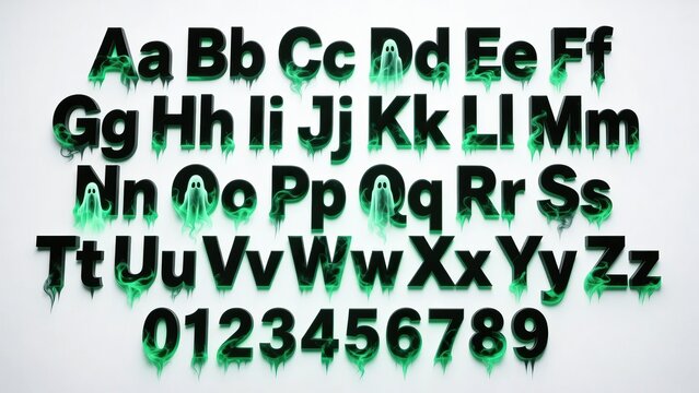 3d black alphabet with glowing green ectoplasm and cartoon ghosts